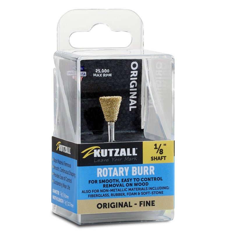 Kutzall Original Dove Tail Rotary Burr, 1â„8" Shaft, Fine - Wood Carving Bit for Dremel, Foredom, DeWalt, Milwaukee. Abrasive Tungsten Carbide, 3â„8" (9.5mm) Dia. X 1â„2" (12.7mm) Length, DT-38-EG - Image 1